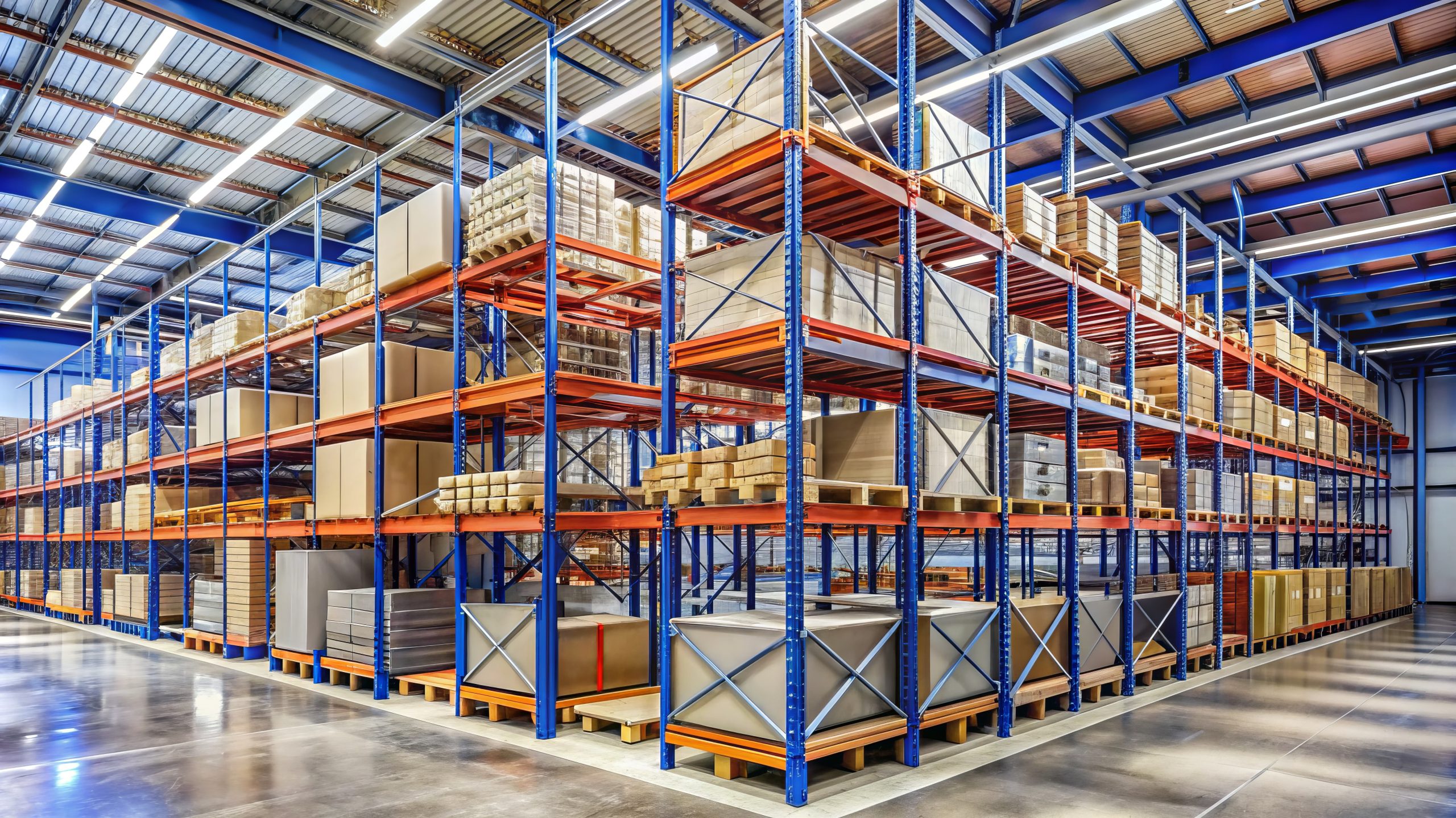 Modern warehouse-style self-storage facility in Randburg with high shelving systems containing boxed inventory and commercial storage items